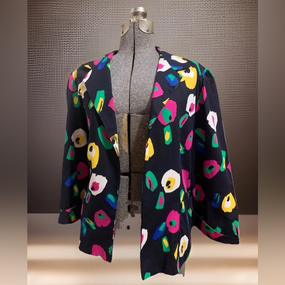 S.L Fashions Petite Blazer Abstract Apple Print Top Short Sleeve Size 12 Vintage